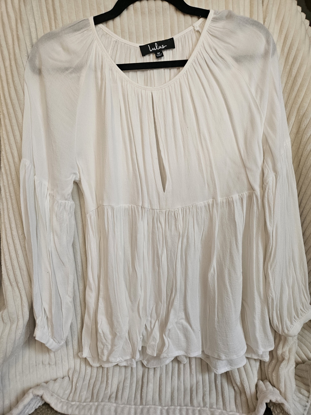 Lulu's Cream Peasant Tunic Top - Keyhole Neck, Long Sleeves